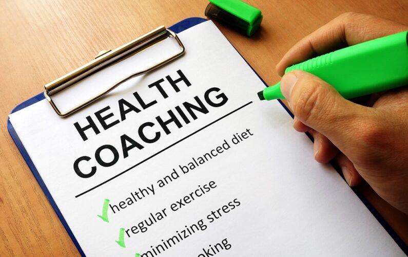 Clipboard with health coaching list. Healthy living concept.